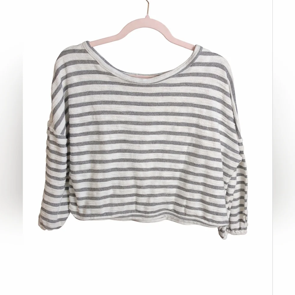 Hayden Los Angeles Cropped 3/4 Elastic Sleeve Striped Oversized Cotton Top S - Picture 2 of 8